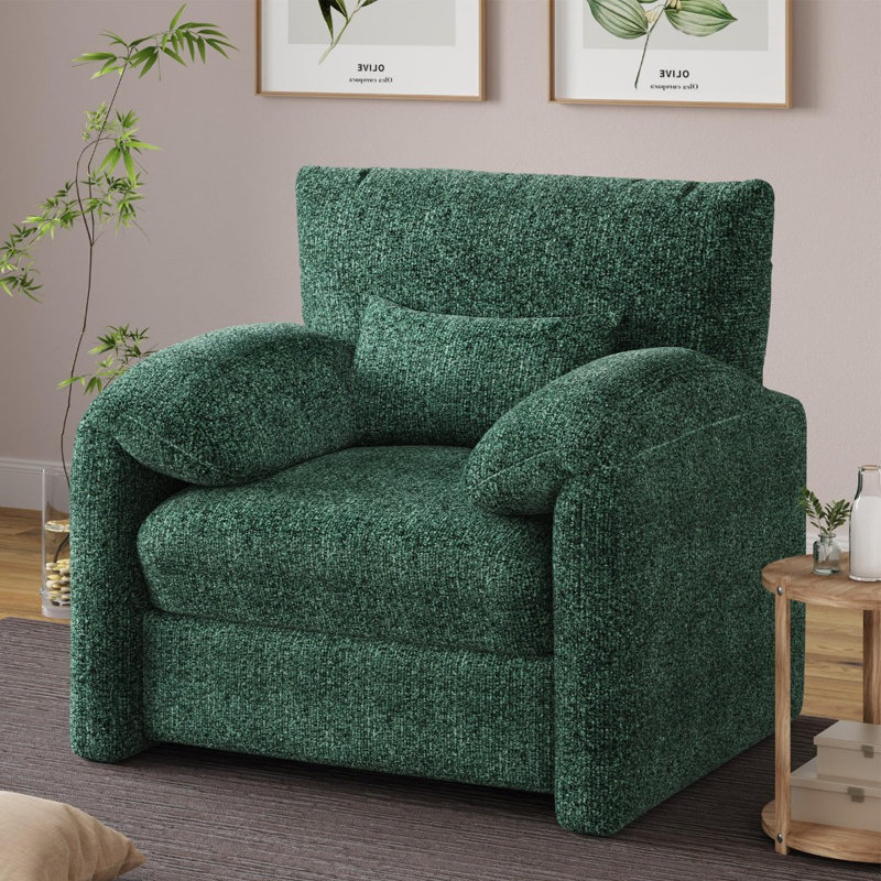 Fauteuil surdimensionné avec accoudoirs confortables Mid-Century, Chenille verte