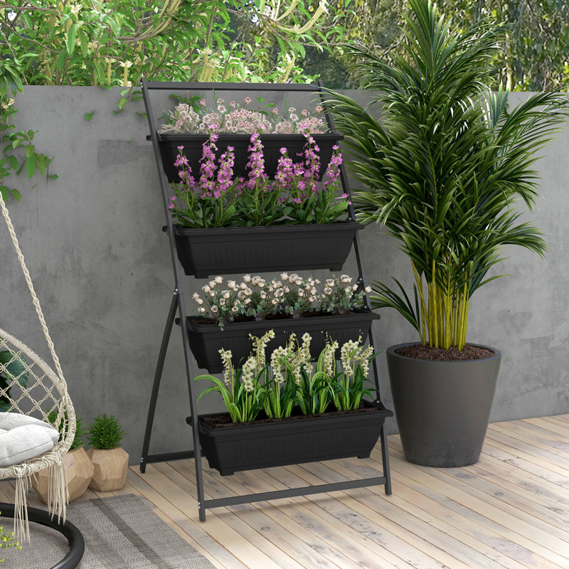 4 Tier Vertical Garden Planter From - Black Elevated For Veggies, Flowers & Herbs Self Draining, Indoor Outdoor Possible Bed Black, Superior Different Spaces