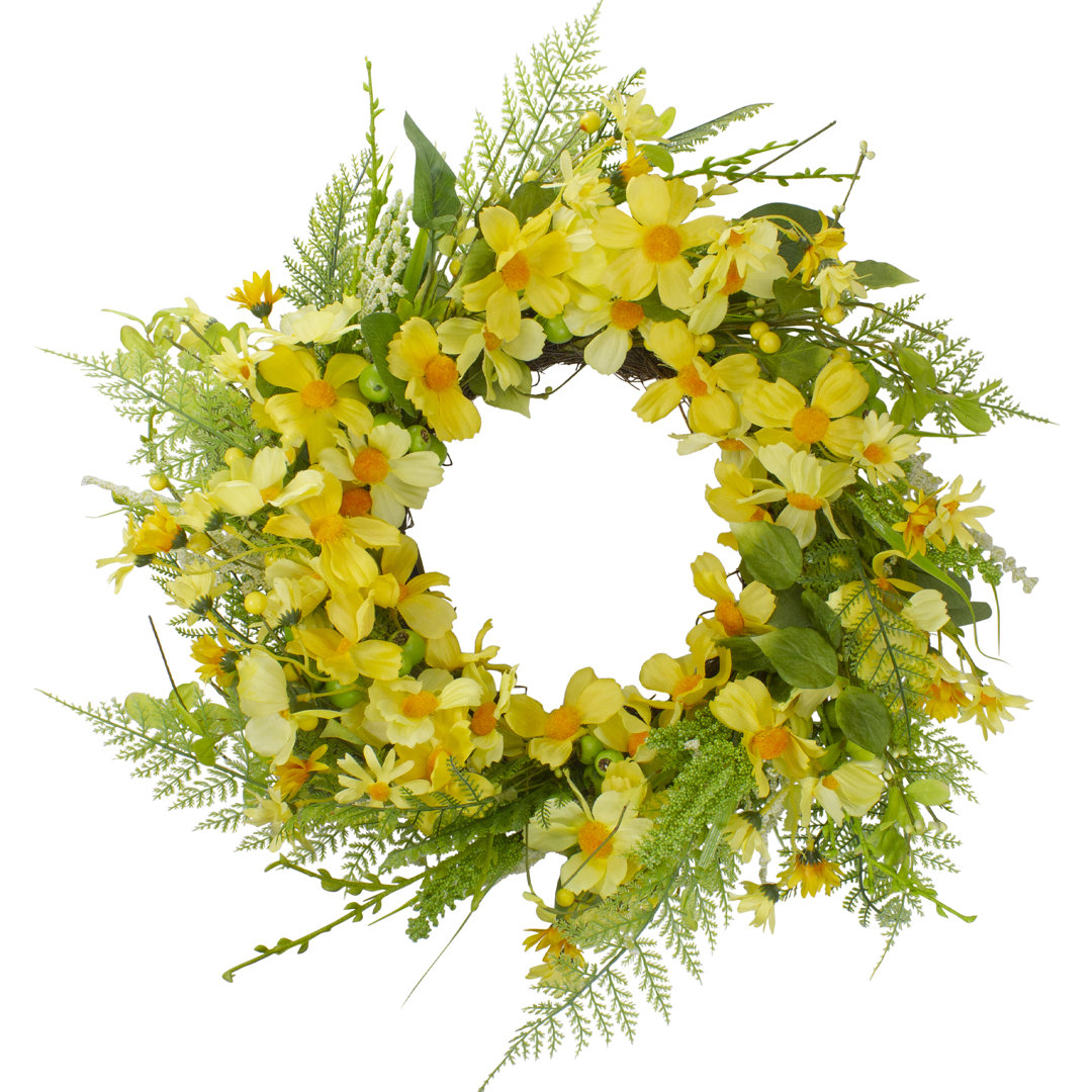 Daisy and Berry Floral Spring Wreath Yellow and Green 23" Primrue