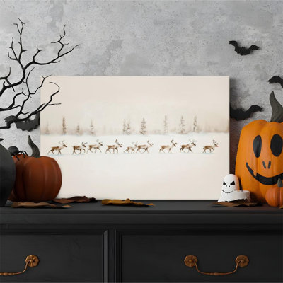 1 piece framed Bernhardin painting of a reindeer herd, snowy forest, Nordic minimalist style decorative print vintage wall poster home decor modern artwork perfect gift for bedroom or living room, ready to hang, 1 inch thickness