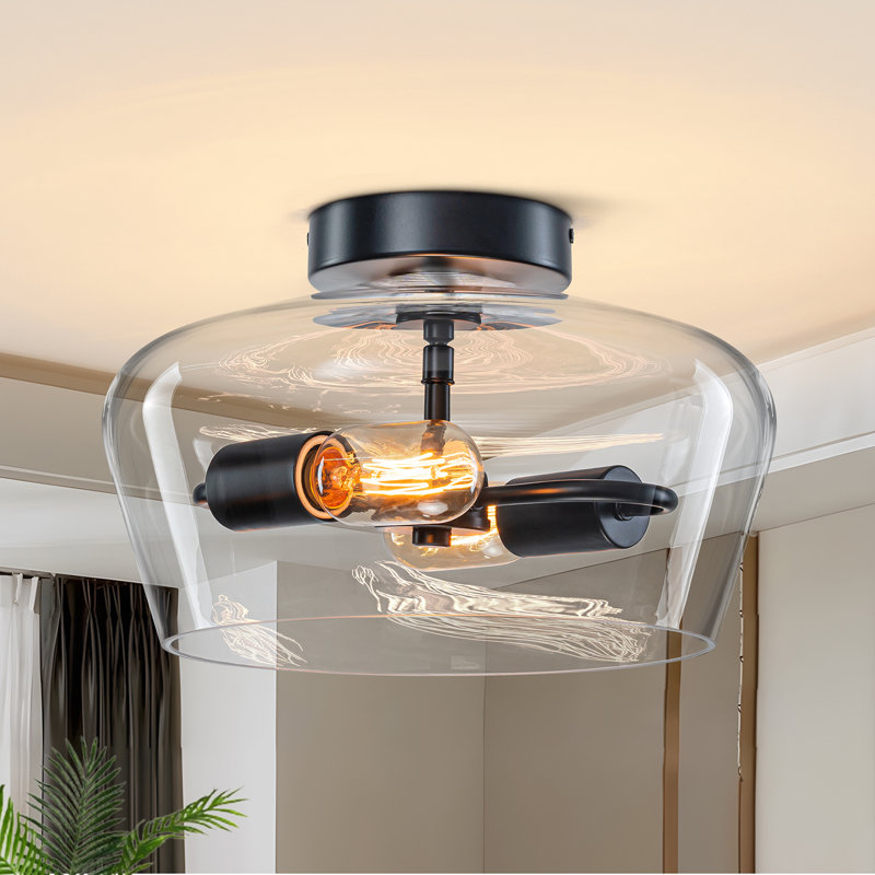 Plafonnier semi-encastré 2 lumières en verre transparent à intensité variable moderne, Noir mat