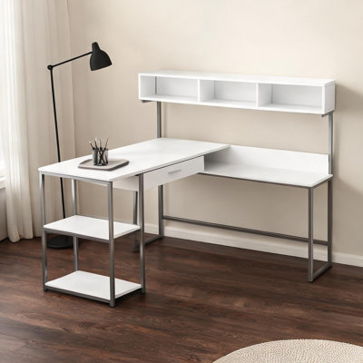 Modern L-Shaped Computer Desk with Storage, White-Toned MDF Top Silver Metal Base, Corner Desk with Drawer, Shelves, and Hutch