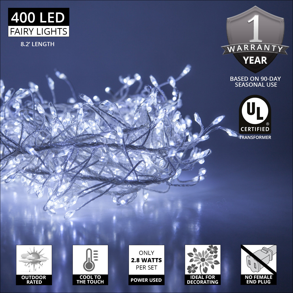 96'' LED String Lights, Cool White