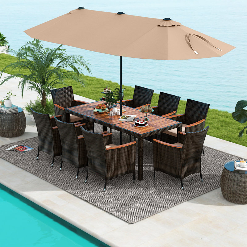 10 Pcs Patio Dining Table Chair Set With Umbrella, Brown, Brown