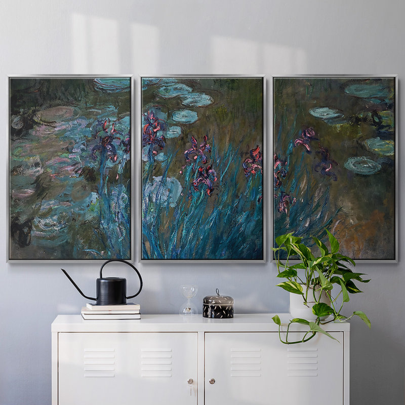 Iris et eau, reproduction sur toile 3 pièces, H 36 po x l 75 po x P 2 po, Encadrement argenté