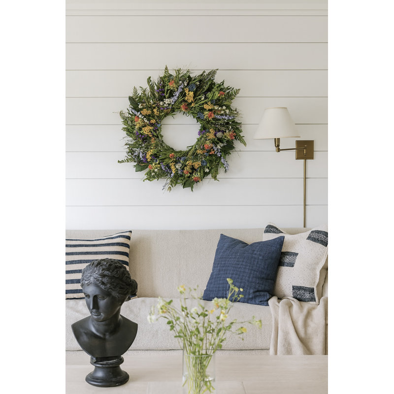 Preserved Natural Dried Flowers Fern and Echinops Wreath, 30" H x 30" W x 6" D