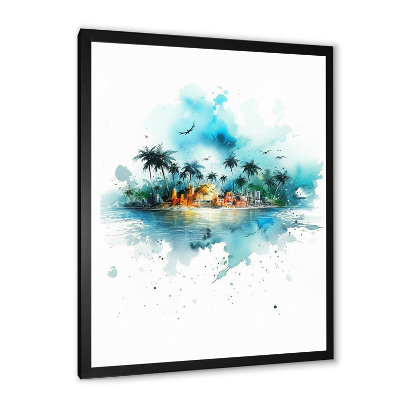 «Whimsical Coastal View - Modern Landscape Beach», art mural sur toile, Impression noire sur toile encadrée