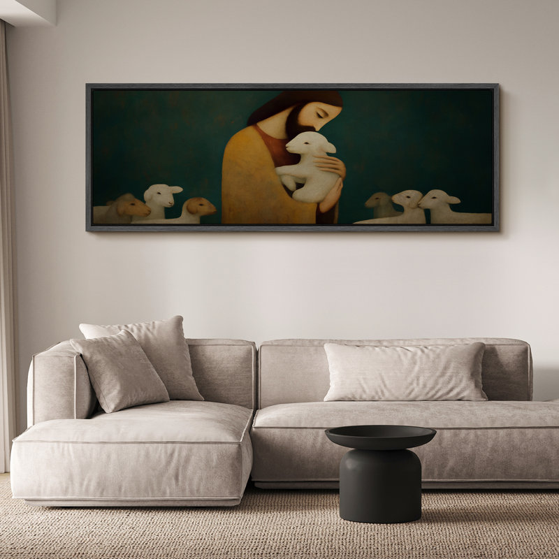 Reproduction d'art sur toile encadrée "Berger et agneau", H 20 po x l 60 po, Noir