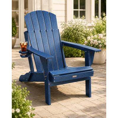 Foldable Adirondack Chair with Cup Holder, Weather-Resistant Wood-Look Outdoor Lounge Chair for Patio, Porch, Deck and Lawn, Navy