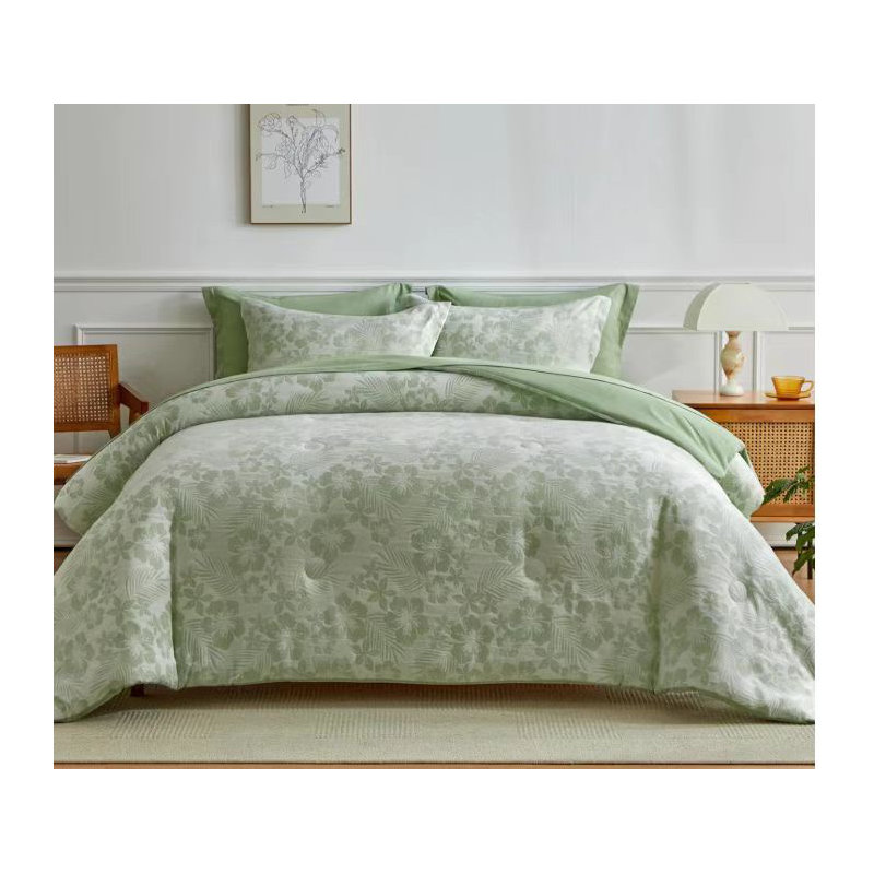 Ensemble de literie 7 pièces avec édredon et draps botaniques, élégantes fleurs jacquard, microfibre douce, réversible, un ensemble de literie complet pour toutes les saisons
