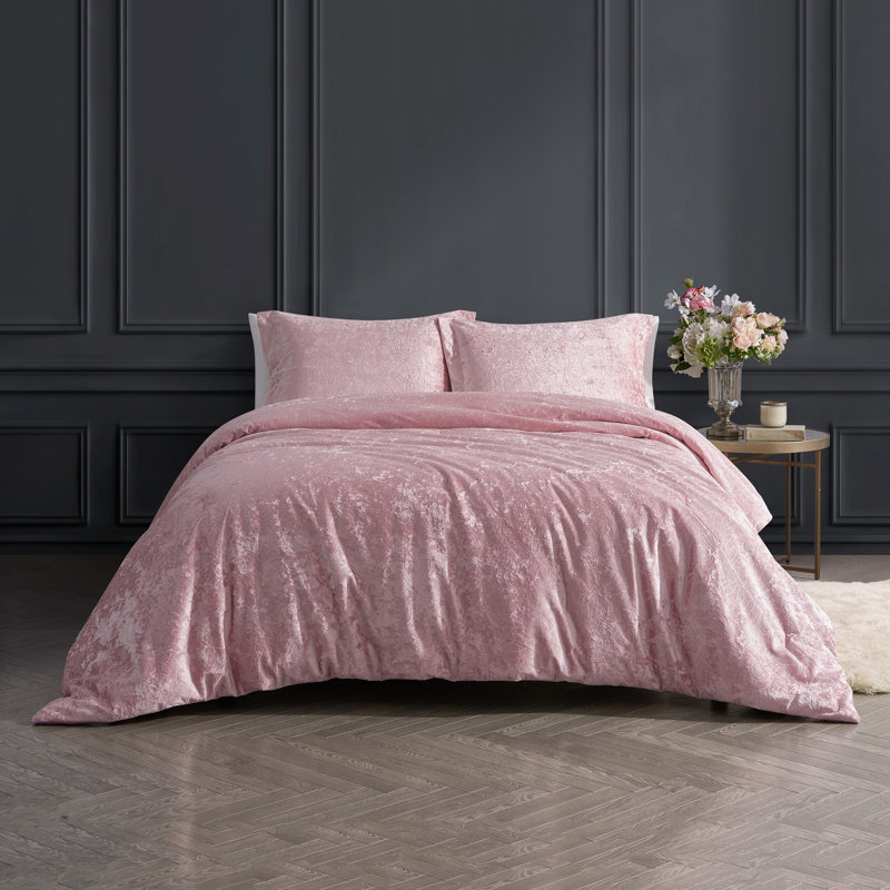 Design Studio Rochelle Outline Floral 2-3 Piece Crushed Velvet Comforter Set, Queen Comforter + 2 Standard Shams, Pink