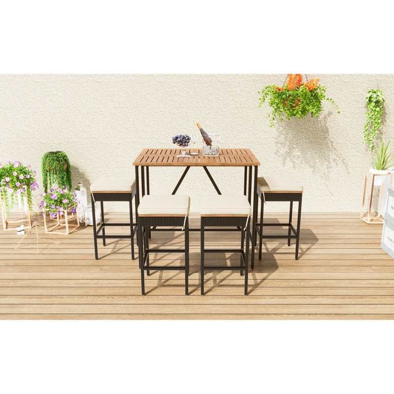 5 meubles d'extérieur en bois avec coussins, table pliable, imperméable, peu encombrant, brun, pliable, stable, résistant aux intempéries, rouille,