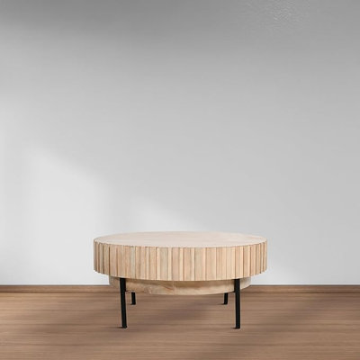  Table basse ronde moderne avec plateau en bois de chêne blanc et pieds en fer noir
