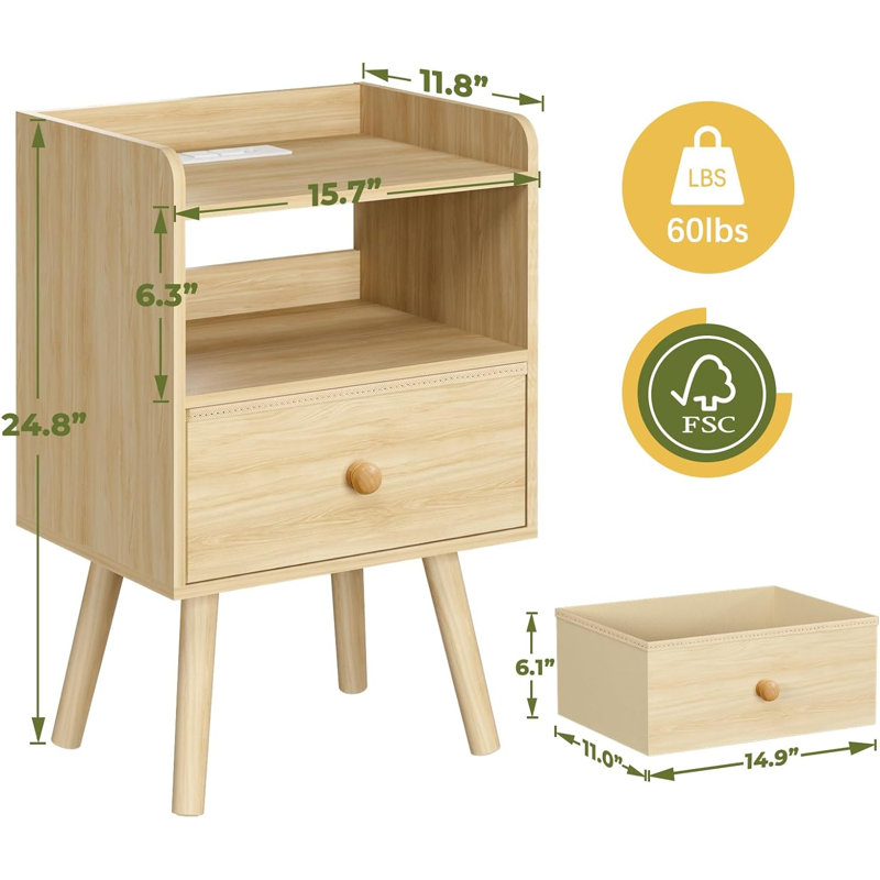 Khrystin 15.7'' W Solid Wood Nightstand, Brown