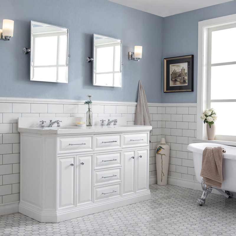 Bruning 60" Carrara Engineered Marble Countertop Bath Vanity with Faucet, Chrome Deck Mount, Pure White