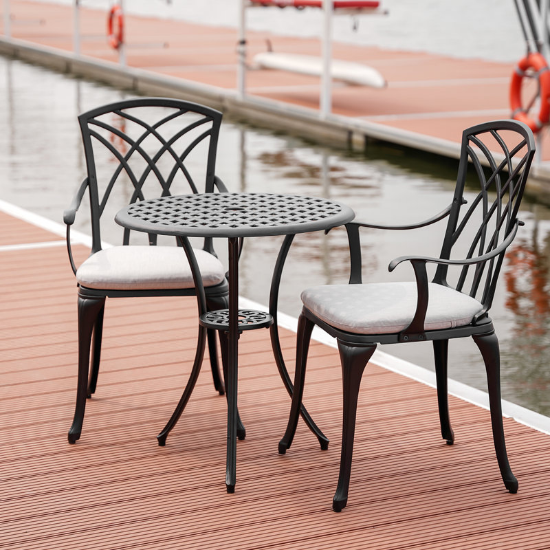 3 Piece  Cast Aluminum Outdoor Bistro Table and Chairs Set of 2 with Cushion,Patio Bistro Sets with 1.97" Umbrella Hole for Garden,Black