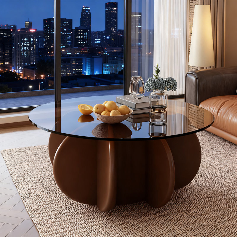 31.5" Round Tempered Glass Coffee Table, Mid Century Modern Round Cocktail Table with Solid Wood Flower Shaped Base, 170LBS Weight Capacity Decorative Center Table for Living Room, Small Apartment & Home Office