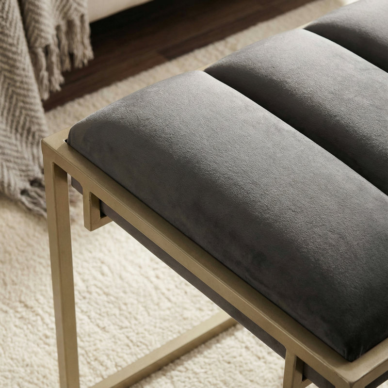 Joshi  Ottoman 20", Gray Velvet and Champagne Gold Metal