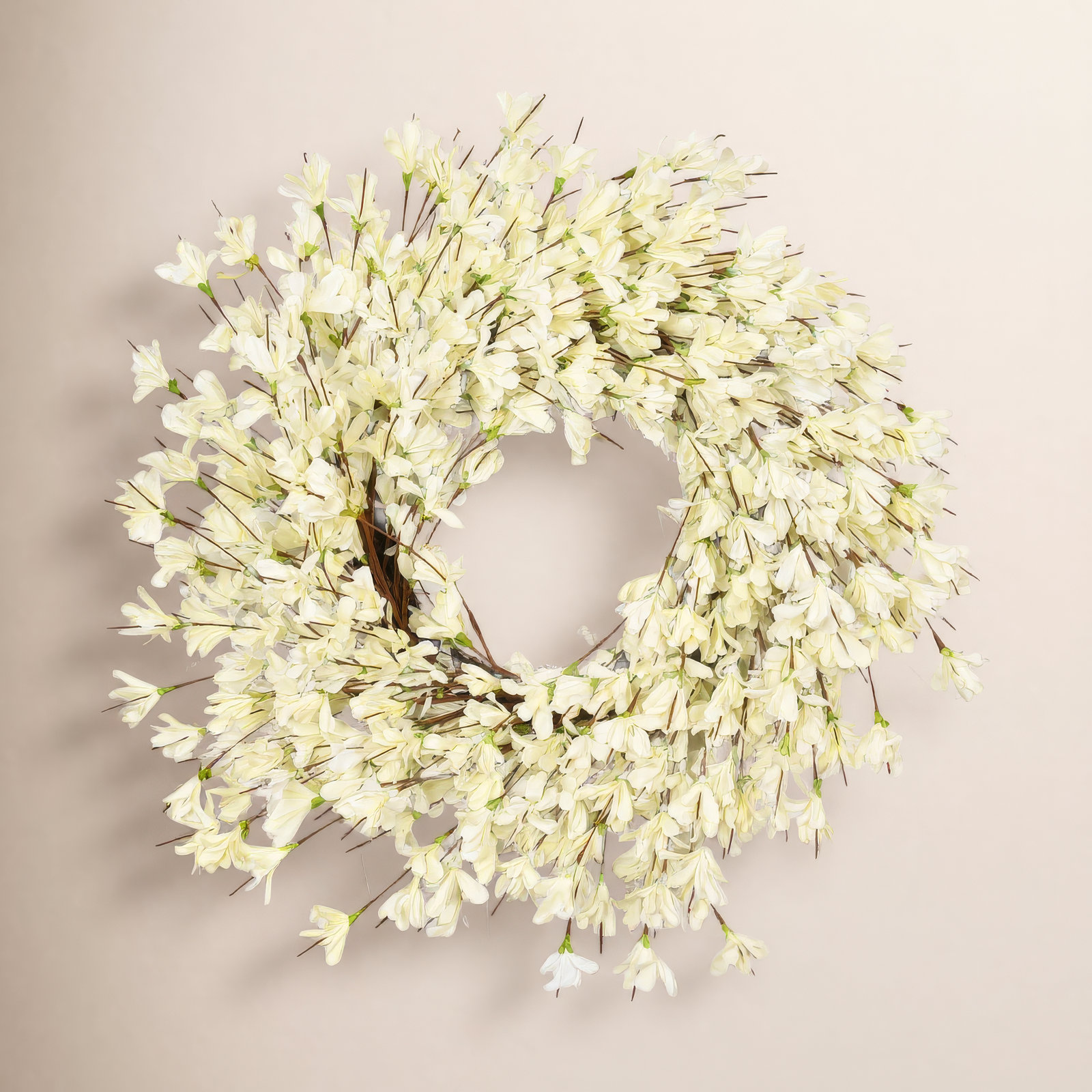 24" Handcrafted Forsythia Wreath, White
