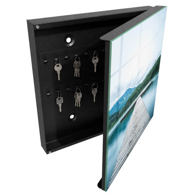 Key box for wall, Opens to the right, 30x30x5, White, A wooden pier over a lake surrounded by mountains, 