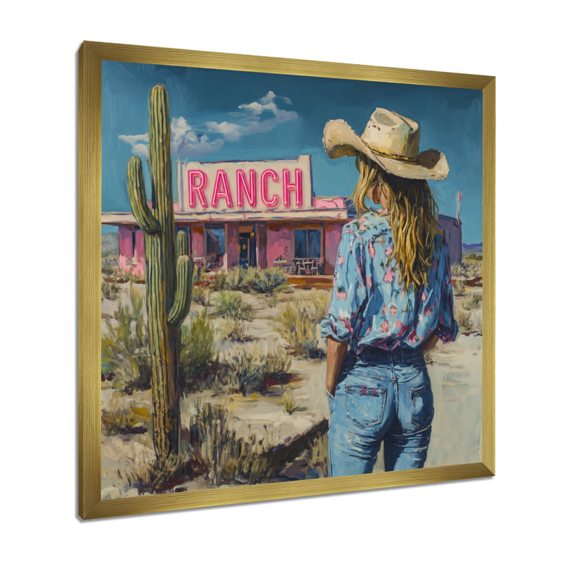 " Desert Ranch Cowgirl ", 44" H x 44" W, Gold Picture Framed