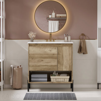 Meuble-lavabo moderne en bois de 30 po, armoire de salle de bain avec tiroir coulissant, armoire de rangement de salle de bain avec lavabo en céramique, meuble-lavabo simple avec portes et tablette ouverte