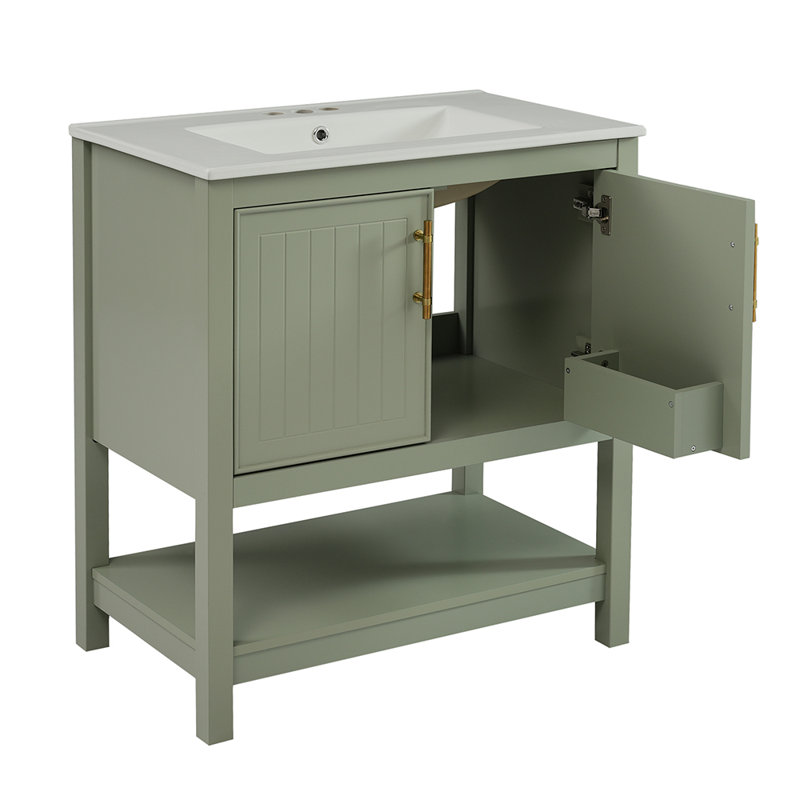Meuble-lavabo de salle de bain avec lavabo en céramique et rangement polyvalent, Vert