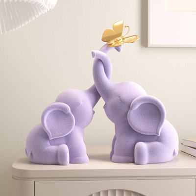 9.5" Purple Flocked Elephant Figurine with Butterfly – Romantic Home Decor & Sweet Gift for Couples
