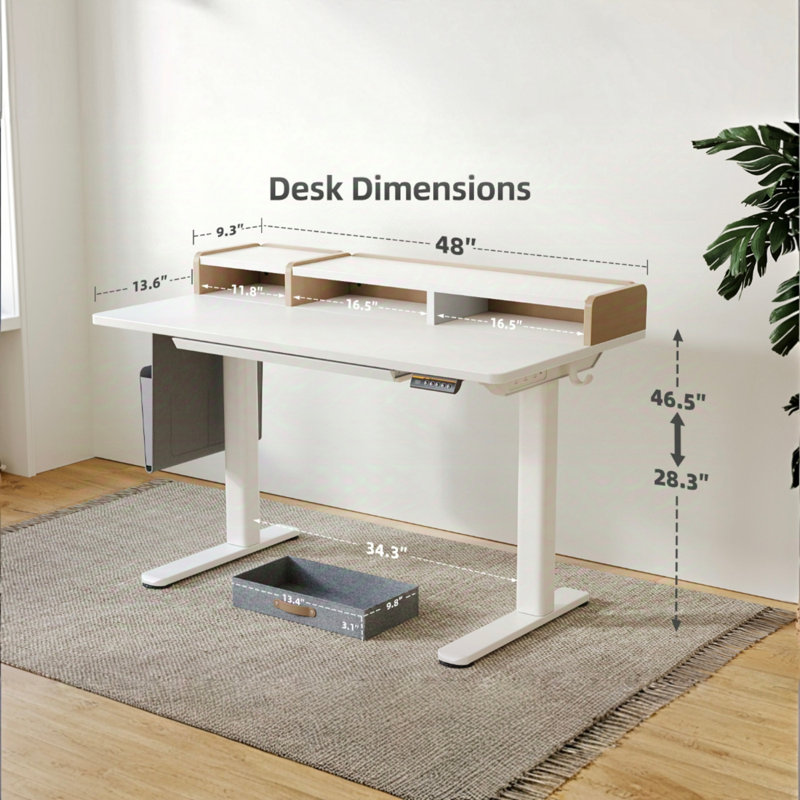 Height Adjustable Standing Desk With Storage Drawers & USB Charging Ports, For Home Office Work Station, White