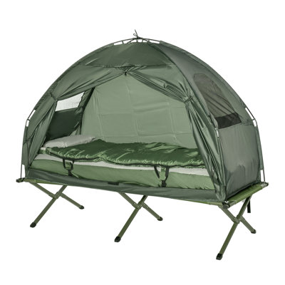 Outsunny Multifunctional Folding Camping Cot with Integrated Tent, Sleeping Bag, and Air Mattress Pad - Portable Elevated Single Bed for Adults, Green