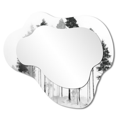 Large Minimalist Irregular Metal Wall Mirror – Black and White Tall Pine Tree Forest, Metal Print