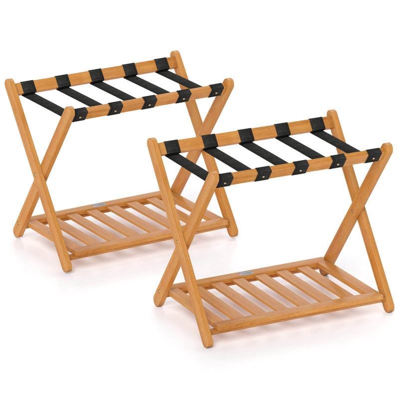 Folding Luggage Racks Set of 2 with Storage Shelf & 5 Nylon Straps Luggage Holder