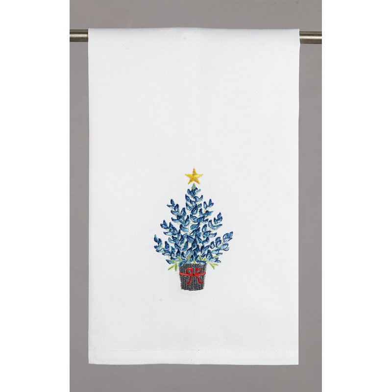 Blue Bonnet Christmas Tree Embroidered Cotton Tea Towel