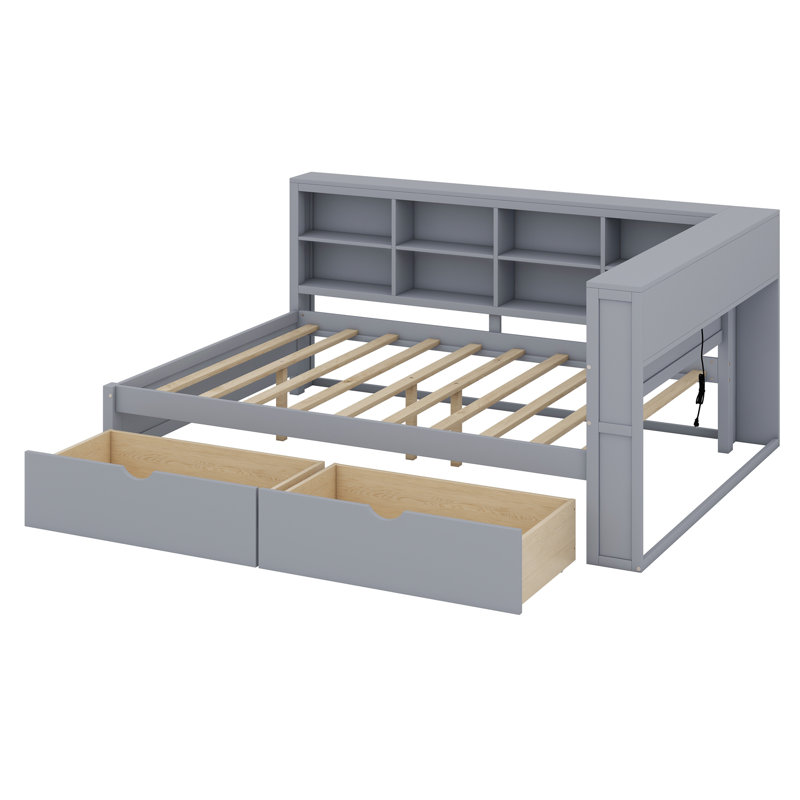 Wooden Daybed With Drawers,Storage Shelf And USB Charging Ports, Gray, Full / Double