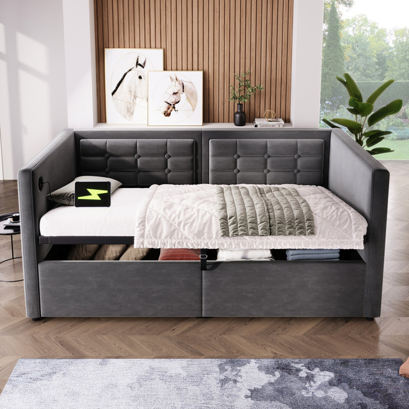Gray Velvet Twin Size Bed With Hydraulic Storage, Convenient Charging, Three - Sided Comfort , And Practical Storage Pockets Daybed & Type C Symmetrical Button Design, Easy Assembly