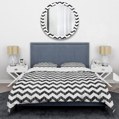 Black Horizontal Chevron - Abstract Duvet Cover Set - Microfiber Polyester