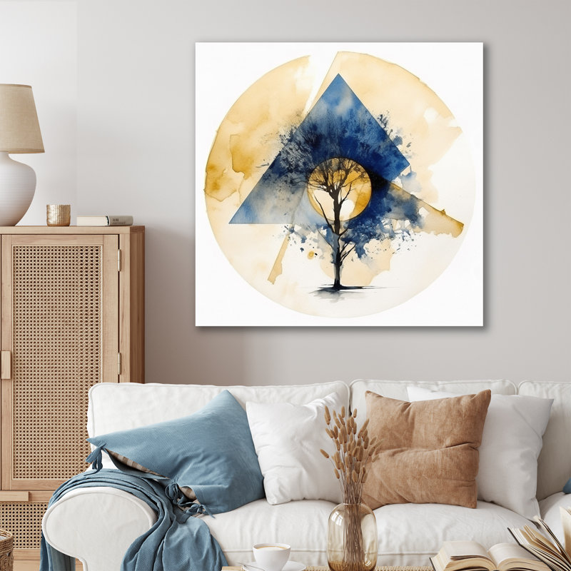 Paysage abstrait de montagnes, lune et arbre IV, Toile tendue, H 30 po x l 30 po x P 1 po