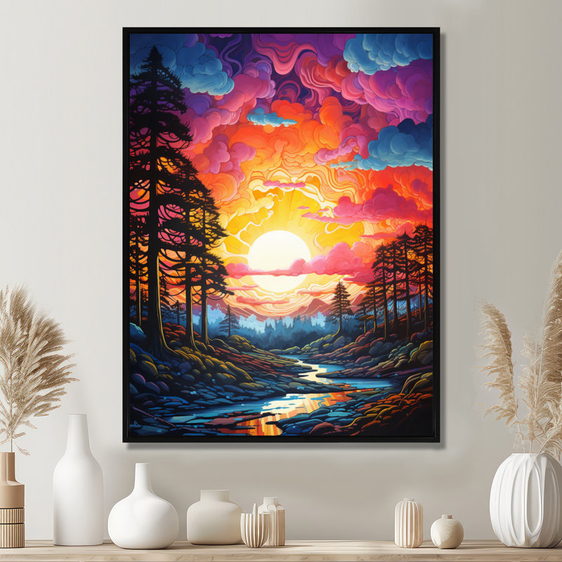 Mur majestueux au-dessus d'un ruisseau - art mural rivière, Cadre flottant noir, bois massif, H 20 po x l 12 po