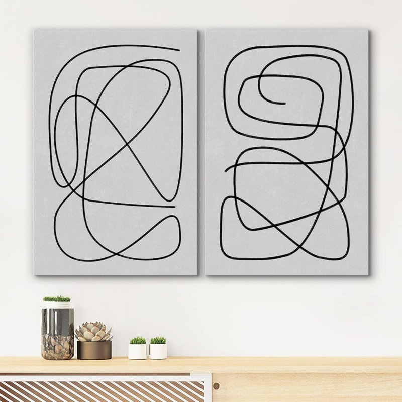 «Geimal Line» Mid-Century Geometric Spiral Collage Abstract Shapes Minimal Contemporary Zen on Canvas, 2 pièces, Toile tendue