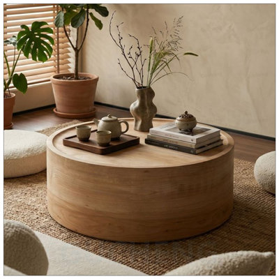 Table basse ronde avec grain de bois naturel pour les salons modernes, aucun assemblage requis