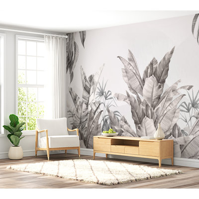 Murale sépia feuilles tropicales | Papier peint botanique neutre dans la jungle | Non-tissé ou pelez et collez