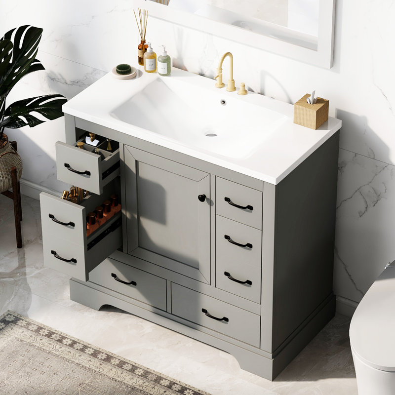 Ensemble de meuble-lavabo 36 po avec évier, six tiroirs, diviseur de tiroir multifonctionnel, tablette réglable, Gris