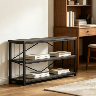 Bibliothèque horizontale, bibliothèque basse en bois avec structure en métal, bibliothèque ouverte à 3 niveaux pour le salon de la chambre à coucher, 55 pouces