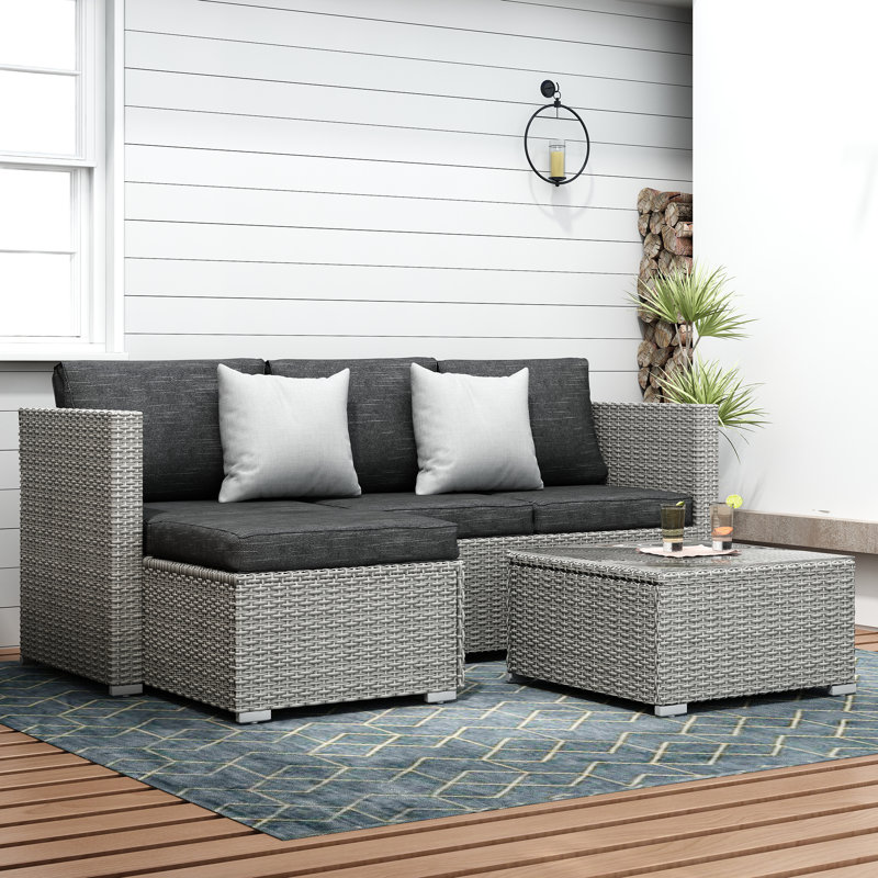 Southerland 3-Piece All-Weather Wicker Modular Sectional Set with Cushions & Glass Table Top, Gray/Black