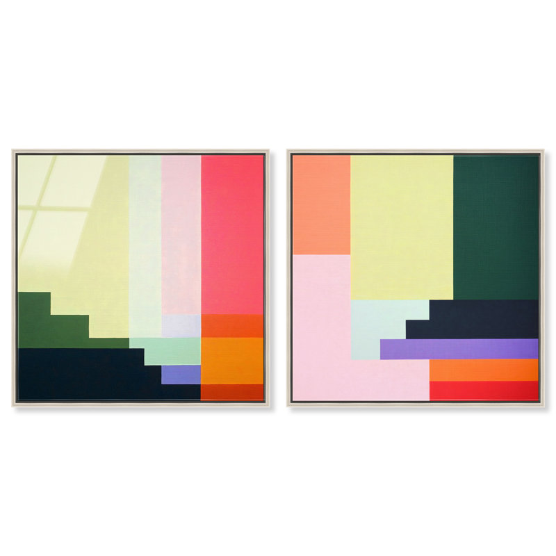 Rectangle linéaire Rhapsody Duo, reproduction d'art encadrée, ensemble d'art mural moderne par Art Remedy, cadre argenté, 12 x 12