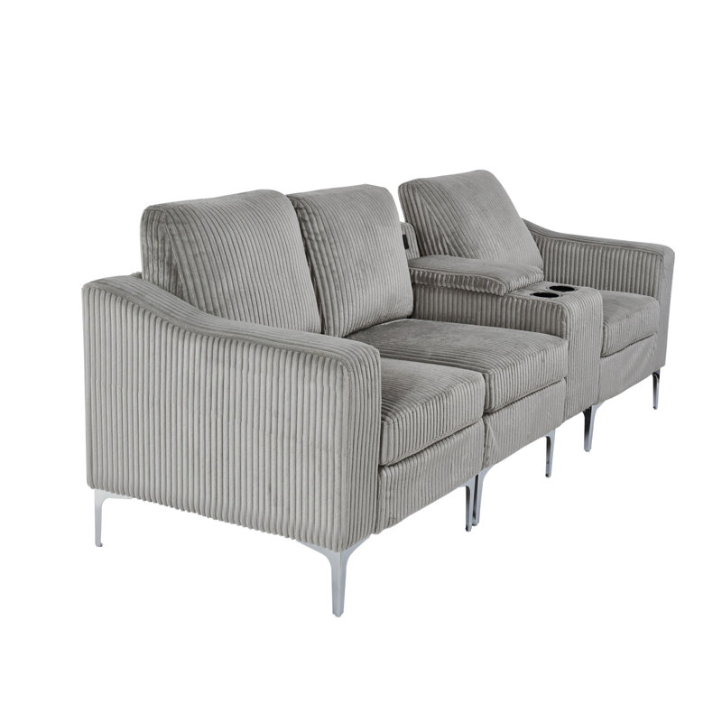 Canapé modulaire convertible en velours côtelé avec porte-gobelets, Velours côtelé gris