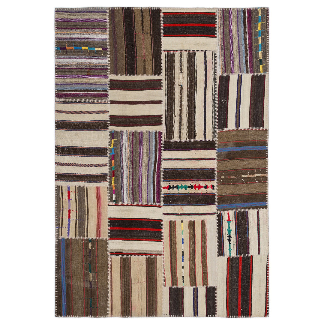 Teselya Beige Striped Wool Handmade Area Rug