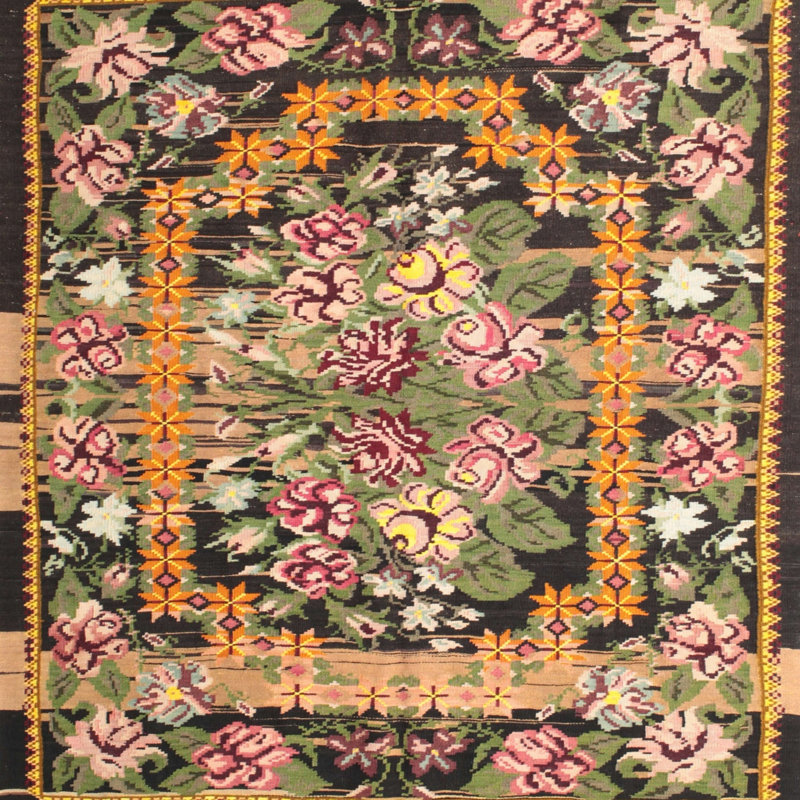 Tapis traditionnel beige / vert / noir, Rond 4 pi