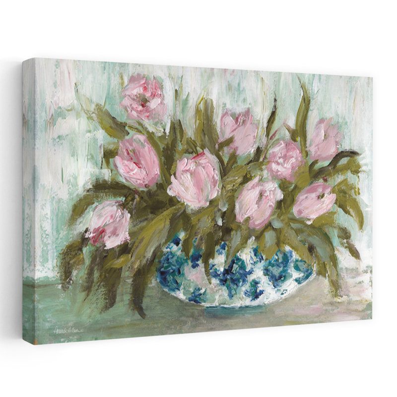 Tulipes roses en chinoiserie - tulipes contemporaines, fleurs roses, art sur feuillage vert, H 32 po x l 48 po