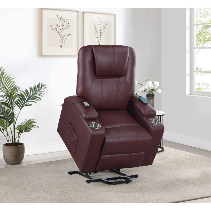 Neruda Upholstered Power Lift Massage Recliner Wine, Red